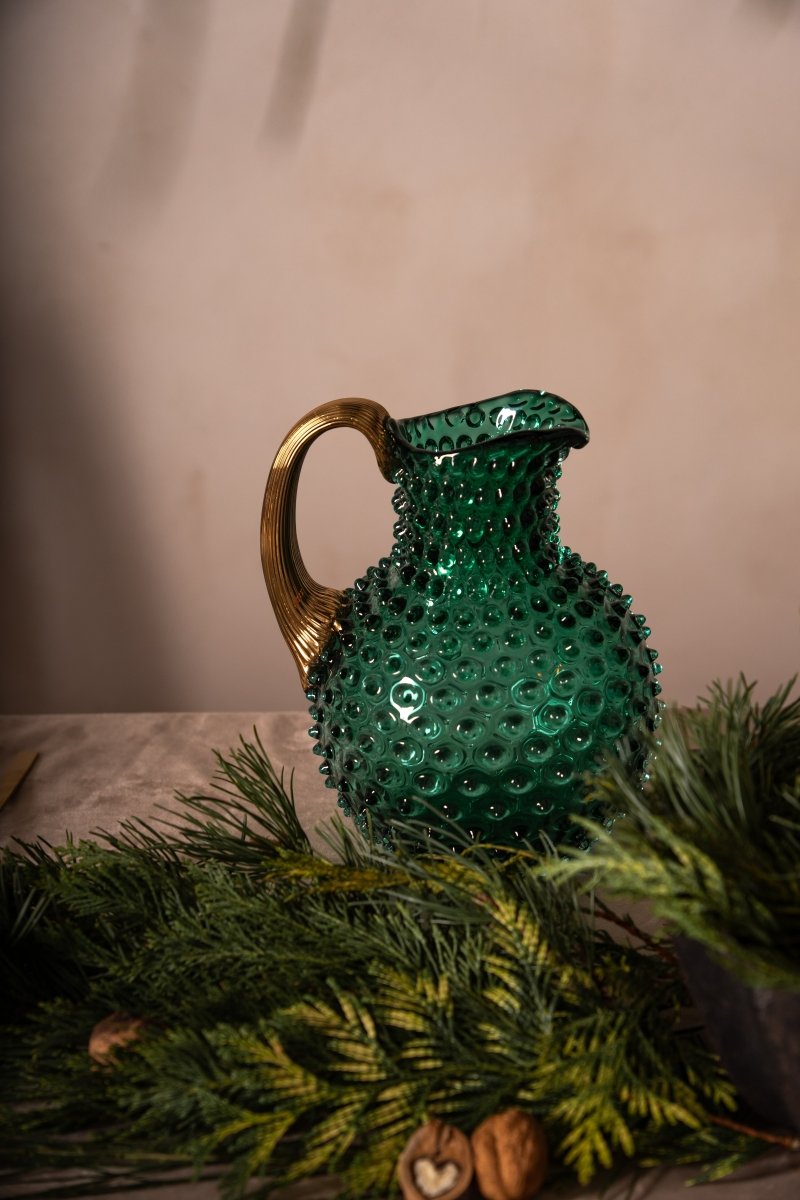 Underlay Dark Green Hobnail Jug with Shiny Gold Handle - KLIMCHI