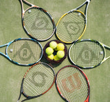 Violet Hobnail Bowl on a tennis court and surrounded by tennis rackets